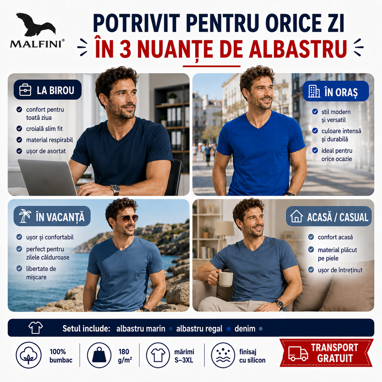 Beneficii set 3 tricouri bărbați cu guler &icirc;n V Malfini albastru marin albastru regal denim